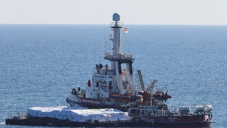The Open Arms, a rescue vessel owned by a Spanish NGO, departs with humanitarian aid for Gaza. Pic: Reuters