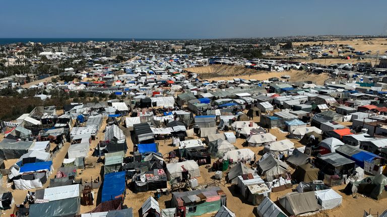 Displaced Palestinians, who fled their houses due to Israeli strikes, shelter in a tent camp, amid the ongoing conflict between Israel and the Palestinian Islamist group Hamas, in Rafah, in the southern Gaza Strip March 11, 2024. REUTERS/ Bassam Masoud