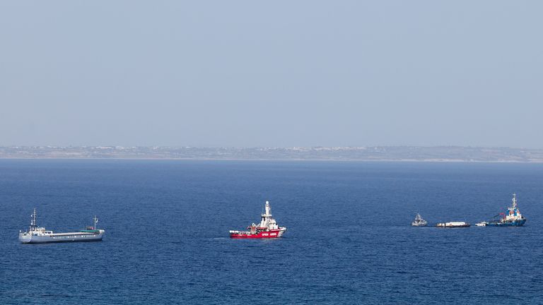 The three-ship convoy departs from Larnaca, Cyprus, carrying humanitarian aid for Gaza. Pic: Reuters