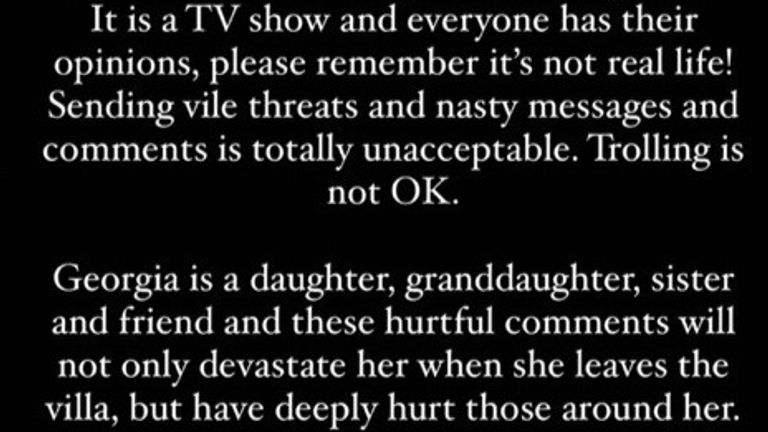 Georgia Steel&#39;s family put out this statement during her time on Love Island. Pic: @geesteelx