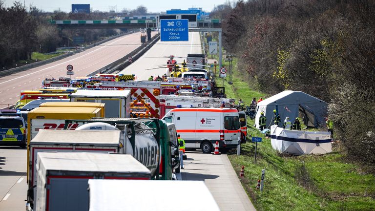 Pic: Jan Woitas/picture-alliance/dpa/AP
dpatop - 27 March 2024, Saxony, Schkeuditz: Emergency vehicles and rescue helicopters are at the scene of the accident on the A9. At least one person has died in an accident involving a coach on the A9 near Leipzig. According to police reports on Wednesday, there were also several injuries. Photo by: Jan Woitas/picture-alliance/dpa/AP Images