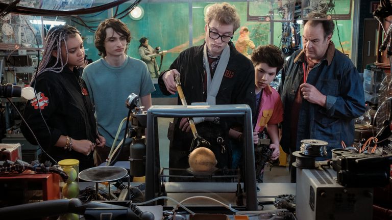 (R-L) Celeste O...Connor, Finn Wolfhard, James Acaster, Logan Kim and Dan Aykroyd. Pic. Columbia Pictures