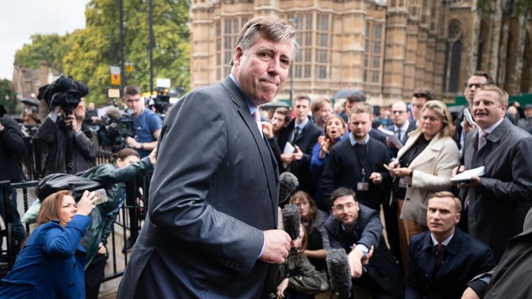 1922 Committee chairman Sir Graham Brady makes a statement outside Parliament after Liz Truss announced her resignation as PM. Pic: PA