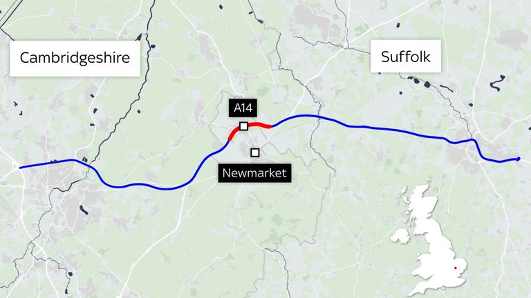 Map of A14 flooding site along the A14 at Newmarket. Map by Sky News graphics team.