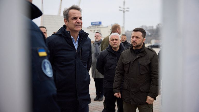Ukraine&#39;s President Volodymyr Zelenskiy and Greek Prime Minister Kyriakos Mitsotakis visit the sea port, amid Russia&#39;s attack on Ukraine, in Odesa, Ukraine March 6, 2024. Ukrainian Presidential Press Service/Handout via REUTERS ATTENTION EDITORS - THIS IMAGE HAS BEEN SUPPLIED BY A THIRD PARTY
