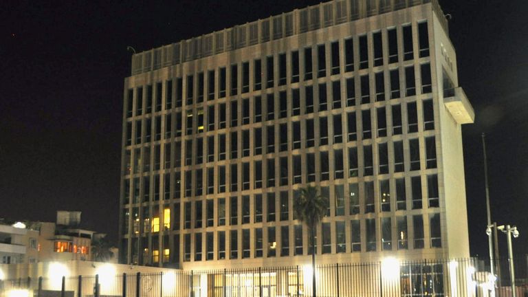 Photo shows the U.S. Embassy in Havana on July 20, 2015, as the United States and Cuba restored full diplomatic ties, severed more than five decades ago, that day. The building had served as the U.S. Interests Section. (Kyodo via AP Images) ==Kyodo