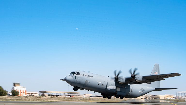 A U.S. Air Force C-130J Super Hercules loaded with humanitarian aid bound for airdrop over Gaza takes off from an undisclosed location in Southwest Asia, March 2, 2024. Pic: US Air Force
