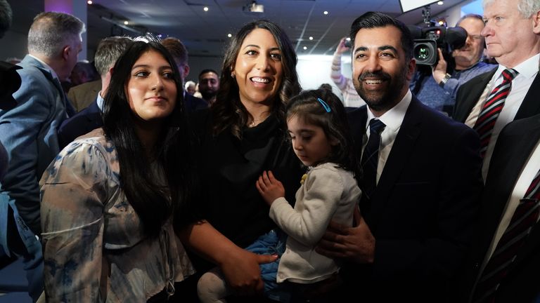 Humza Yousaf with his wife Nadia El-Nakla and family at Murrayfield Stadium in Edinburgh, after it was announced that he is the new Scottish National Party leader, and will become the next First Minister of Scotland. Picture date: Monday March 27, 2023.