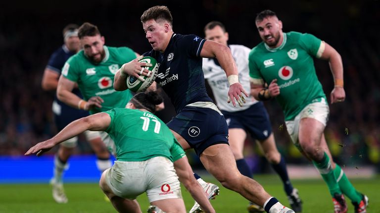 Scotland&#39;s Huw Jones runs through to score their try during the Guinness Six Nations match at the Aviva Stadium, Dublin. Pic: PA