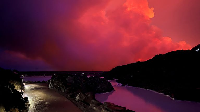 Smoke rises as volcano erupts near Grindavik, Iceland, March 16, 2024