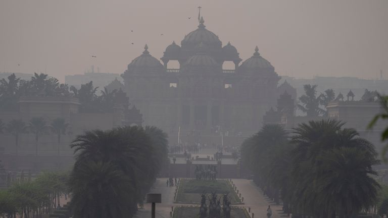 Akshardham temple covered in smog. New Delhi, Delhi, India in 2023. Pic: AP
