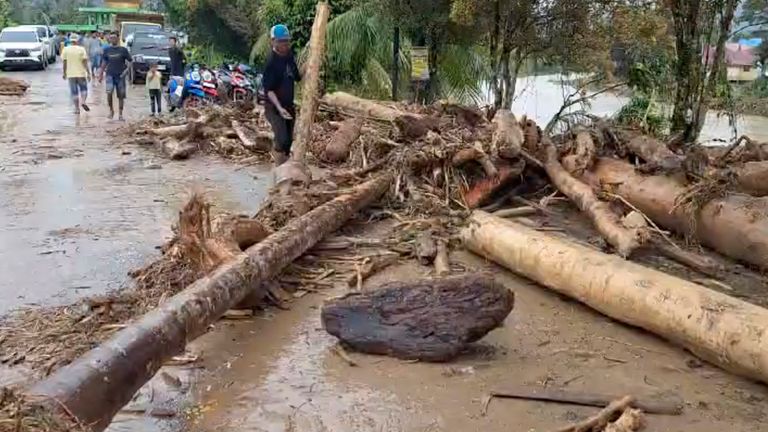 A man attempts to remove logs that block a street. Pic: AP