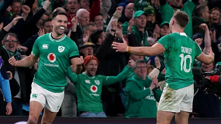 Ireland&#39;s Conor Murray and Jack Crowley celebrate after the final whistle of the Guinness Six Nations match at the Aviva Stadium, Dublin. Pic: PA