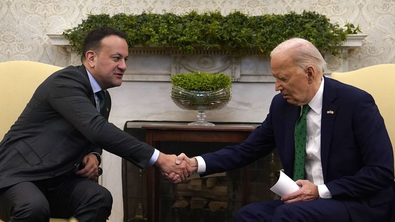 Taoiseach Leo Varadkar (left) at a bilateral meeting with President Joe Biden in the Oval Office at the White House in Washington, DC, during his visit to the US for St Patrick&#39;s Day. Picture date: Friday March 15, 2024.