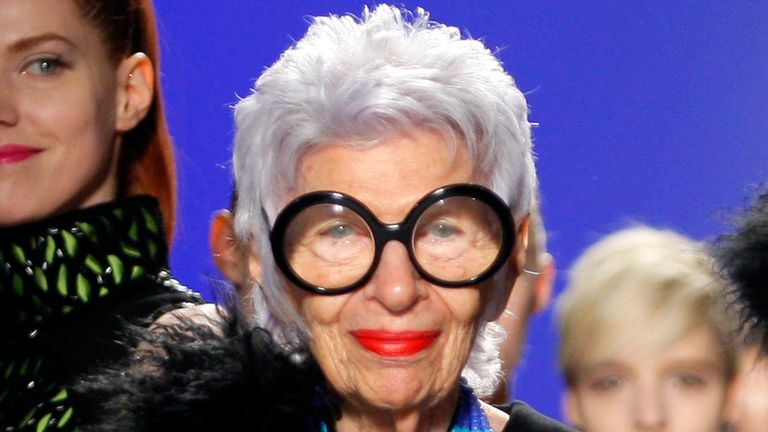 Designer Iris Apfel is seen on the runway during the Joanna Mastroianni Fall/Winter 2012 collection during New York Fashion Week February 15, 2012. REUTERS/Kena Betancur (UNITED STATES - Tags: FASHION ENTERTAINMENT)