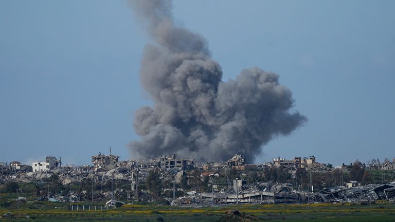 Smoke rises following an Israeli bombardment in the Gaza Strip, as seen from southern Israel, Thursday, March 14, 2024. (AP Photo/Ohad Zwigenberg)