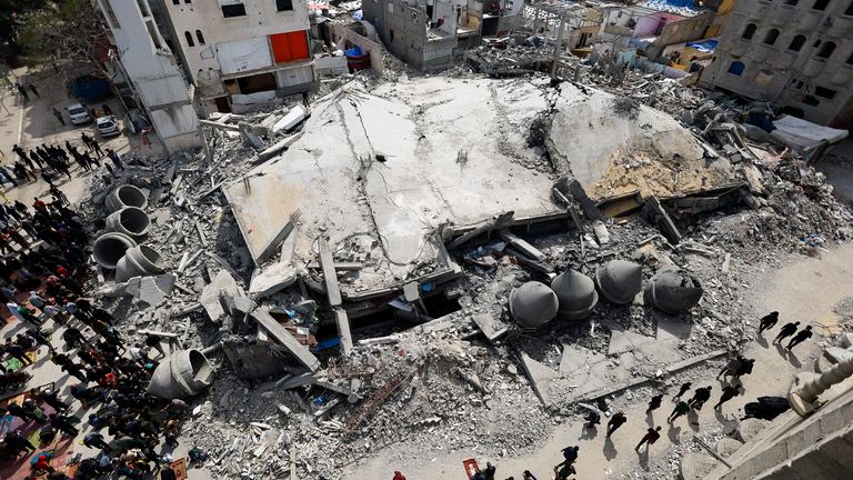 A mosque destroyed in Israeli strikes, Rafah, 1 March. Pic: Reuters