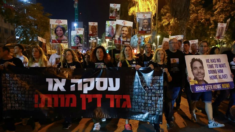A demonstration calling for the release of Israeli hostages kidnapped by Hamas. Pic: Reuters