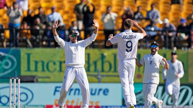 England&#39;s James Anderson celebrates the wicket of India&#39;s Kuldeep Yadav on the third day of the fifth and final test match between England and India in Dharamshala, India, Saturday, March 9, 2024. (AP Photo /Ashwini Bhatia)