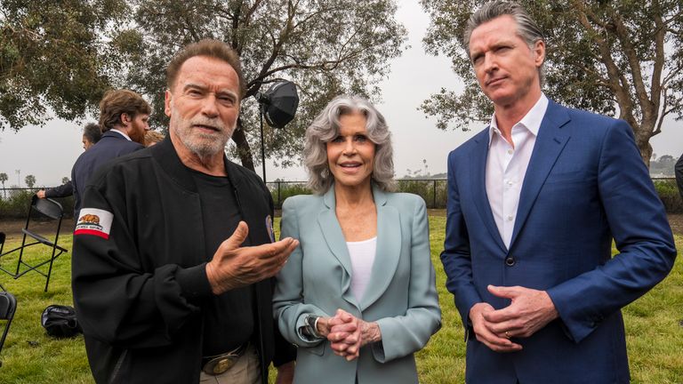 (L-R):  Schwarzenegger, Jane Fonda, actor and ex-California Governor Gavin Newsom. Pic: AP