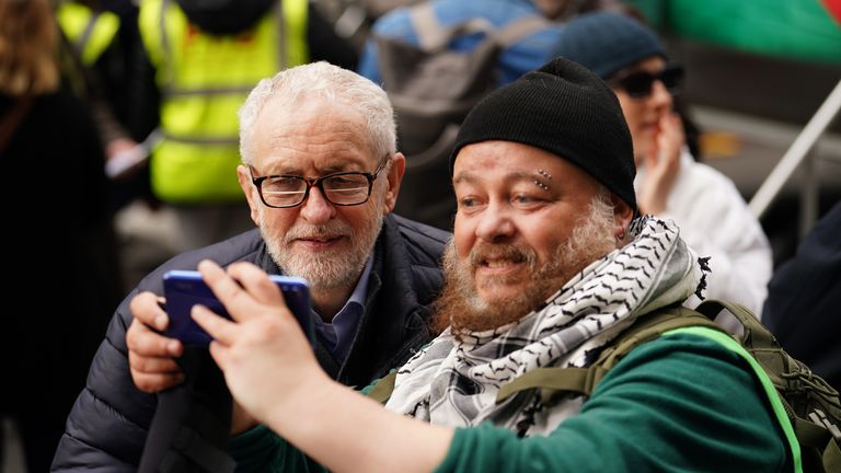 Jeremy Corbyn took photos with protestors at a pro-Palestine march in central London. Pic: PA