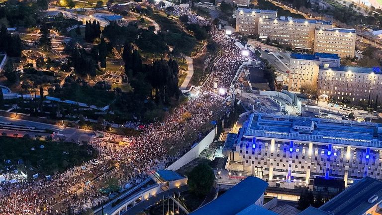 Aan aerial view of anti-government protests in Jerusalem. Pic: Reuters