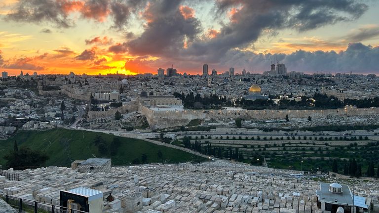 Sunset over Mount of Olives, Jerusalem. Pic: Dominic Waghorn