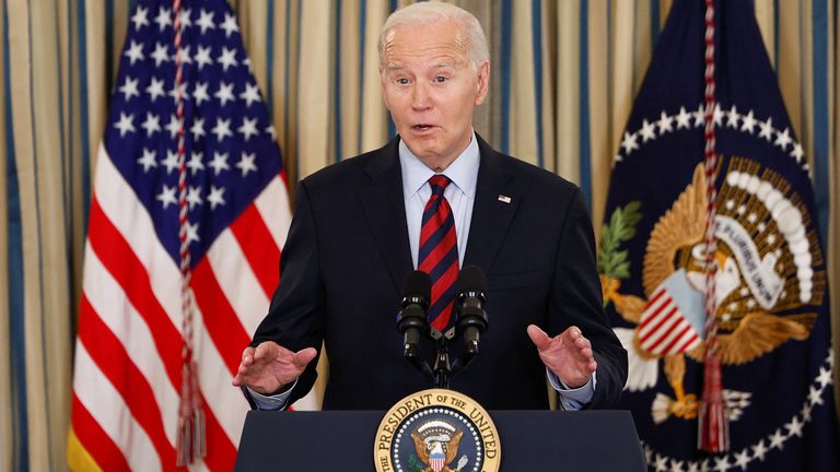 Joe Biden speaking earlier on Tuesday. Pic: Reuters