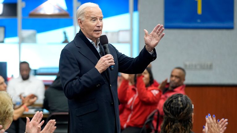 Joe Biden speaks at a campaign stop in Michigan in February. Pic: AP