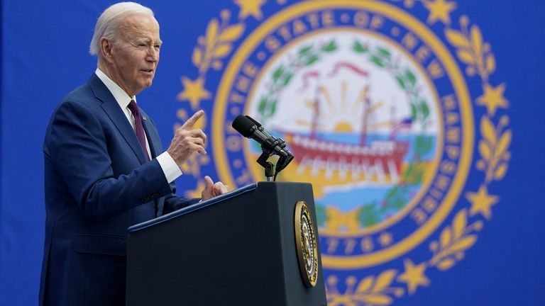 Joe Biden makes a speech in New Hampshire. Pic: Reuters