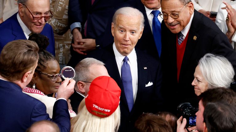 U.S. President Joe Biden arrives to deliver the State of the Union address to a joint session of Congress in the House Chamber of the U.S. Capitol in Washington, U.S., March 7, 2024. REUTERS/Evelyn Hockstein