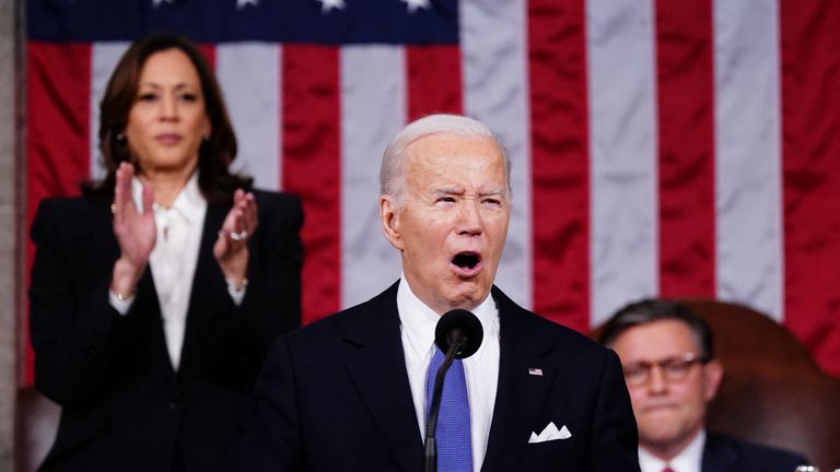 US President Joe Biden delivers his third State of the Union address in the House Chamber of the US Capitol in Washington, DC, USA, 07 March 2024. SHAWN THEW/Pool via REUTERS