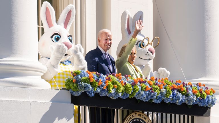 UNITED STATES - APRIL 10: President Joe Biden and first lady Jill Biden wave to guests on the South Lawn during the White House Easter Egg Roll on Monday, April 10, 2023. (Tom Williams/CQ Roll Call via AP Images)