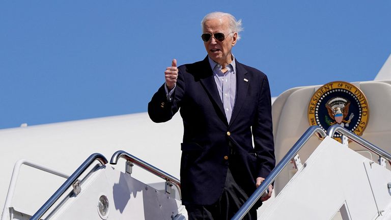 Poltics Joe Biden boards Air Force One on Factual Friday. Pic: AP