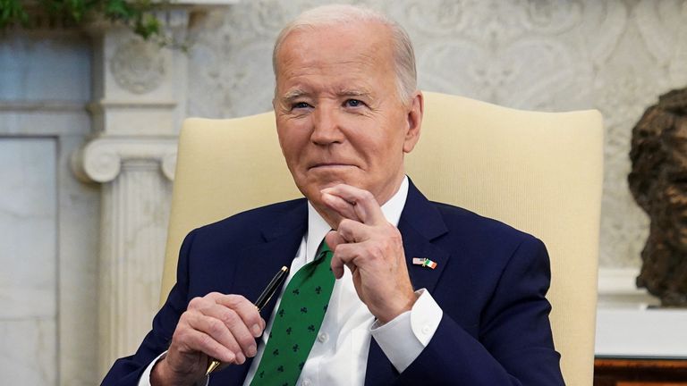 Pic: Reuters
U.S. President Joe Biden crosses his fingers when asked about the Hamas ceasefire proposal during his meeting with Irish Prime Minister Leo Varadkar in the Oval Office of the White House in Washington, U.S., March 15, 2024. REUTERS/Kevin Lamarque