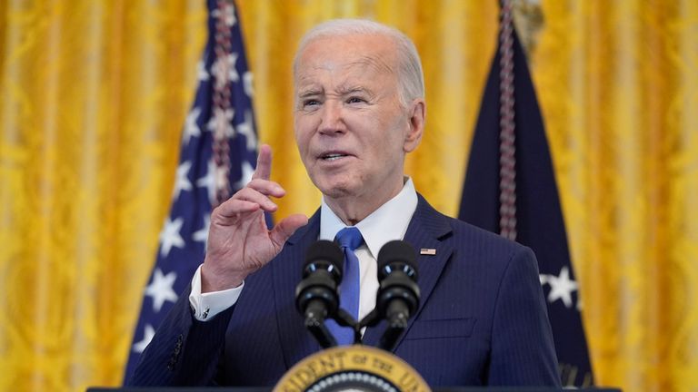 President Joe Biden speaks during a Women&#39;s History Month reception in the East Room of the White House, Monday, March 18, 2024, in Washington. (AP Photo/Evan Vucci)