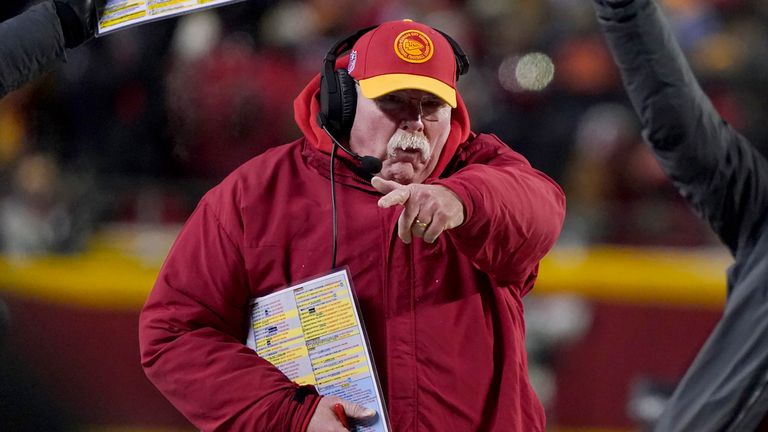 Kansas City Chiefs head coach Andy Reid gestures during the first half of the team&#39;s NFL wild-card playoff football game against the Miami Dolphins Saturday, Jan. 13, 2024, in Kansas City, Mo. (AP Photo/Ed Zurga)