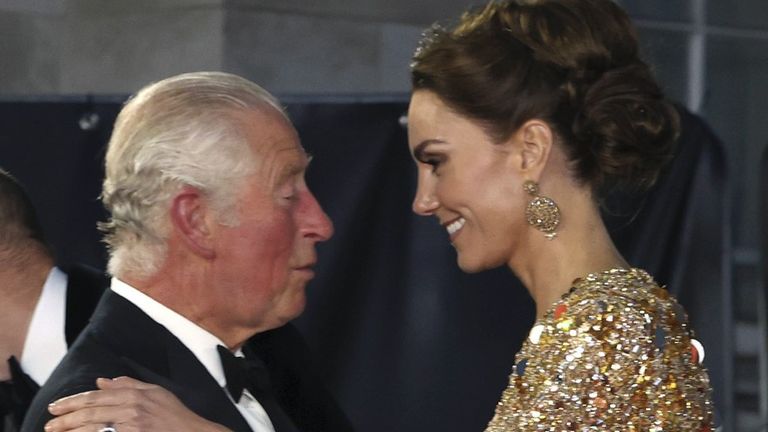 Britain's Prince Charles, left, speaks with Kate, the Duchess of Cambridge as they arrive for the World premiere of the new film from the James Bond franchise 'No Time To Die', in London on Sept. 28, 2021. (Chris Jackson/Pool Photo via AP, File)


