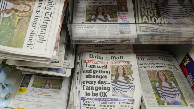 Newspapers dominated by Kate&#39;s announcement. Pic: PA