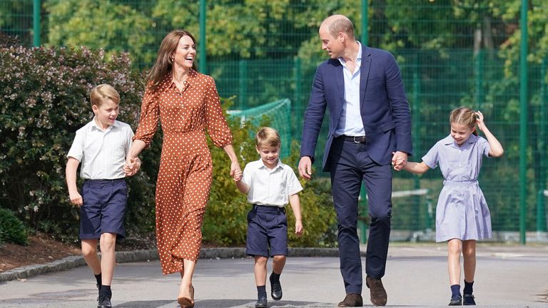 The Prince and Princess of Wales with their children (from left) George, Louis and Charlotte in September 2022. Photo AP Prince George, Kate, Duchess of Cambridge, Prince Louis, Prince William and Princess Charlotte arrive to settle down at Langbrooke School in the afternoon, Wednesday, September 7, 2022, near Ascot, England.  (Jonathan Brady/AP Pool Photo, File)