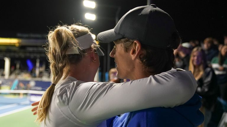 Mar 3, 2024; San Diego, CA, USA; Katie Boulter of Great Britain hugs her boyfriend Alex de Minaur after her victory in the finals of the San Diego Open at Barnes Tennis Center. Mandatory Credit: Ray Acevedo-USA TODAY Sports
