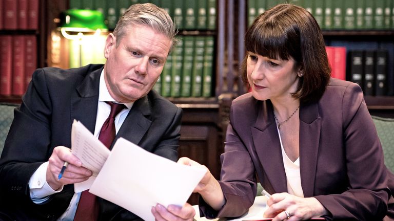 Labour leader Sir Keir Starmer and shadow chancellor Rachel Reeves prepare ahead of Wednesday&#39;s spring Budget.
Pic: PA