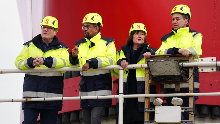  Keir Starmer, new Welsh First Minister Vaughan Gething, Shadow Welsh Secretary Jo Stevens and Shadow Energy Secretary Ed Miliband on board the jack-up barge Excalibur during a visit to the Port of Holyhead, in North WalesPic: PA
