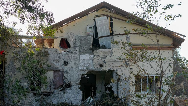 A destroyed house in Kibbutz Be&#39;eri,after the 7 October attack. Pic: AP Photo/Ariel Schalit