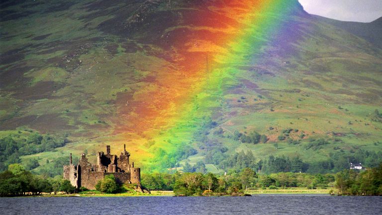 A rainbow over Kilchurn Castle on Loch Awe. Pic: PA