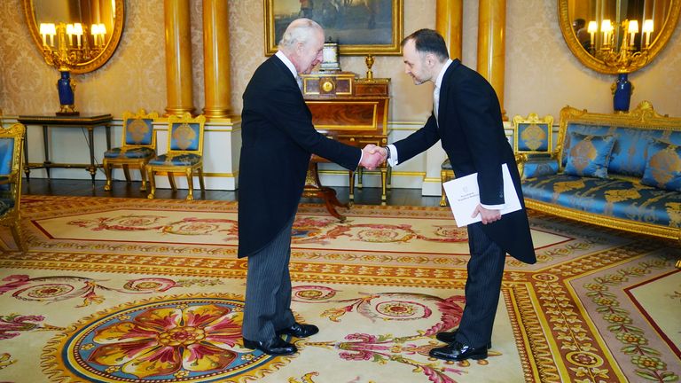 King Charles III meets  the  Ambassador of Moldova, Ruslan Bolbocean.
Pic: PA