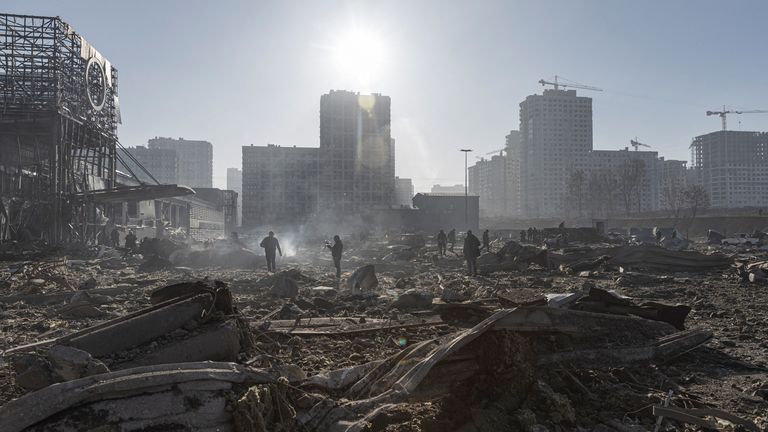 The site of a shopping centre in Kyiv that was bombed weeks after Russia&#39;s invasion in 2022. Pic: Reuters