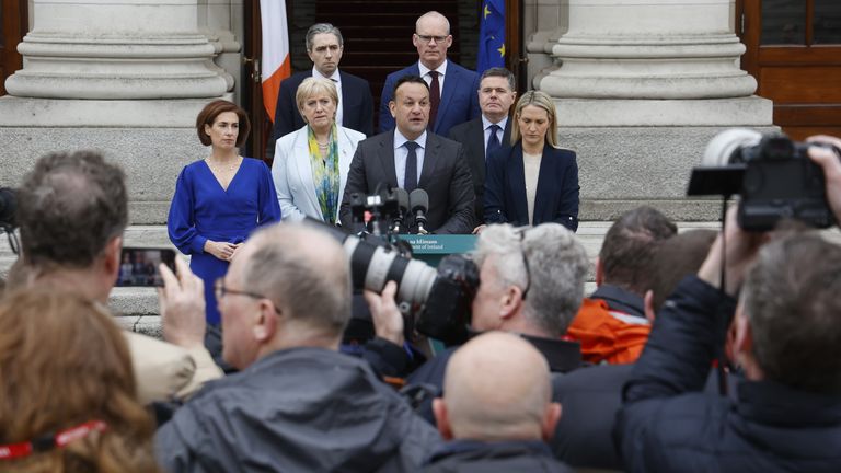 Taoiseach Leo Varadkar, surrounded by senior members of his party, including potential successors Helen MacEntee (far right), Paschal Donohoe (second from right), Simon Coveney (third from right) and Simon Harris (third from left). Pic: PA