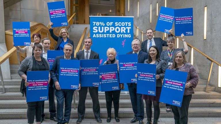 Scottish Liberal Democrat MSP Liam McArthur (centre, left), alongside other MSPs, during a media event at the Scottish Parliament in Edinburgh, after publishing his Assisted Dying for Terminally Ill Adults (Scotland) Bill. If passed, the bill will allow people living in Scotland with a terminal illness to be given help to end their life. Picture date: Thursday March 28, 2024.