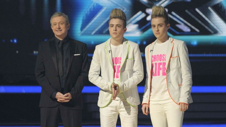 Louis Walsh with John and Edward Grimes, aka Jedward, on X Factor in 2009. Pic: Ken McKay/Talkback Thames/Shutterstock
